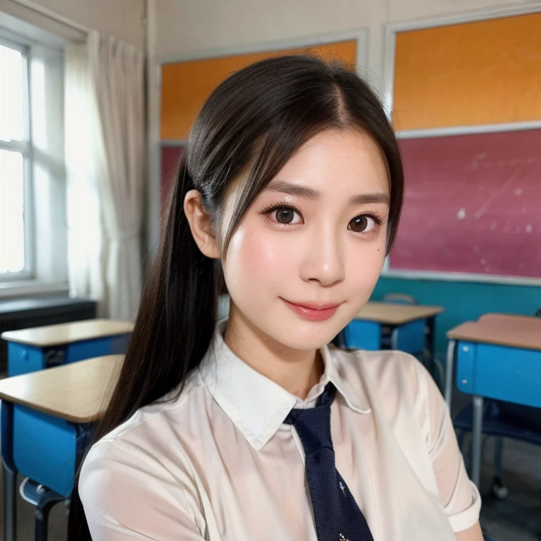 (kawaii 24 year-old Japanese girl, Nogizaka idol, Korean idol), (glossy black hair, high ponytail, center ponytail, single ponytail:1.3), (rounded face, single eyelid, no makeup, soft smiling:1.2), forehead, (wearing collared shirt, necktie:1.3), (well shaped extra small breasts), (looking at viewer:1.2), BREAK, (classroom background, standing by the window:1.3), (dynamic angle, face focus:1.3), BREAK, (masterpiece, best quality, photo realistic, official art:1.4), (UHD, 8K quality wallpaper, high resolution, raw photo, film grain:1.2), (shiny skin), professional lighting, physically based rendering, award winning, (perfect anatomy, highly detailed skin textures, extremely detailed face and eyes, well drawn glittering pupils), Carl Zeiss 85 mm F/1.4, depth of field, 1girl, solo,