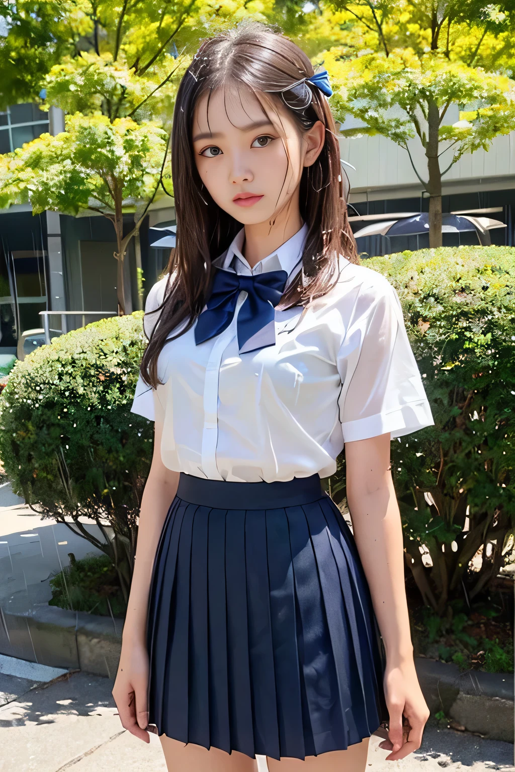 Highly detailed CG Unity 8K wallpaper、highest quality、super detailed、masterpiece、realistic、Photoreal、((Park where it is raining:1.4))、Highly detailed cute girl、18-year-old、(High school students wearing Japanese uniforms)、((Shooting from the front:1.4))、((Dark blue school girl bow tie:1.4))、((Standing in the shade of a tree in a park:1.4))、blush、split lips、looking at the viewer、semi body shot、(Japan High and designated shoes)、(Navy blue short pleated skirt that accentuates thighs,:1.5)、(Short-sleeved white shirt for students)、 (dark blue bow tie:1.2)、(Light brown long hair)、(beautiful face:1.3)、(perfect proportions:1.2)、(long legs:1.2)、(small breasts:1.3)、((Blouse wet in the rain、The brush is see-through))、(Bra is transparent)、(((wet hair、wet skin)))、((Upper body))、reality:1.7、((Girl standing in the shade:1.4))、((confused look:1.4))、