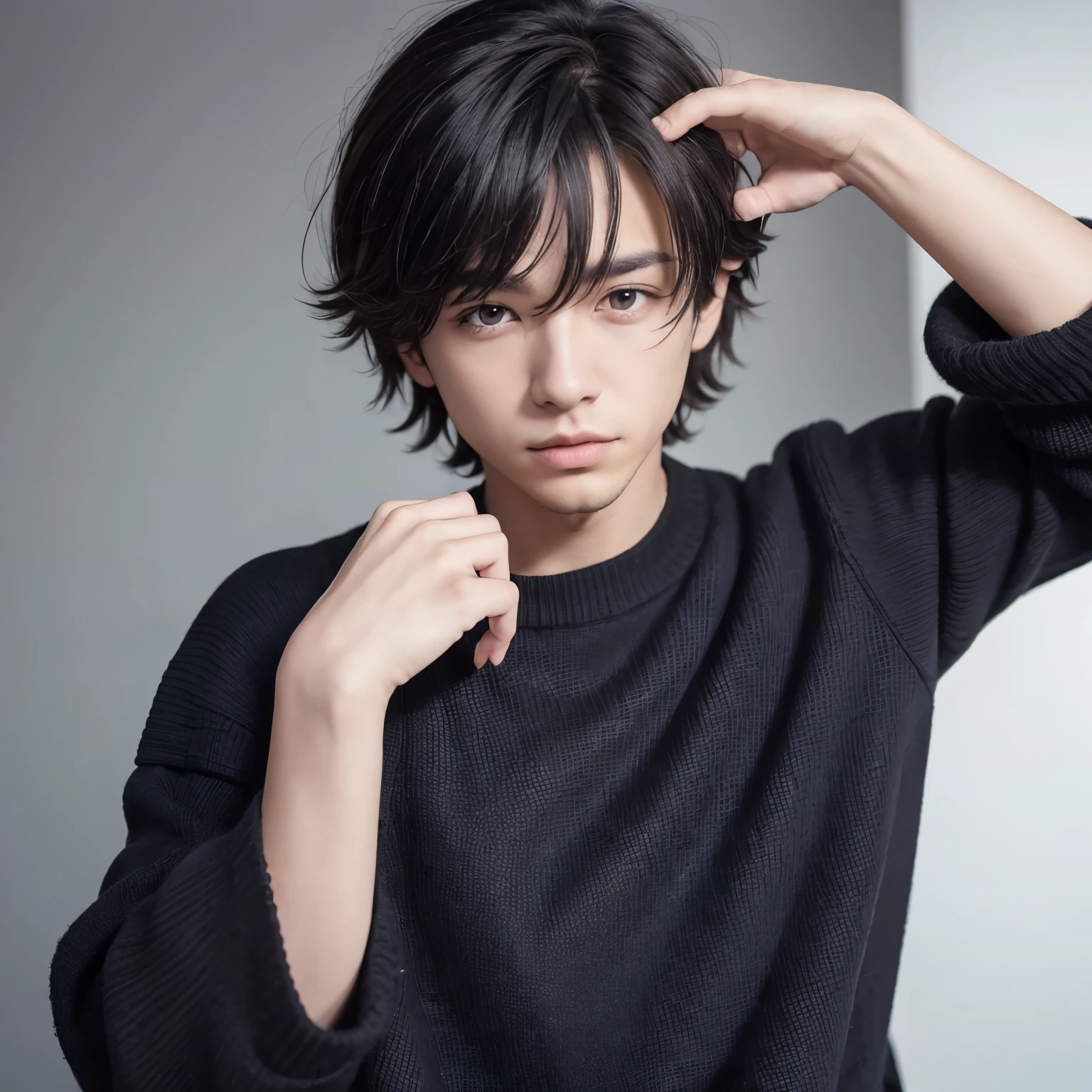masterpiece, best quality, pandreo fe, solo, looking at viewer, 1boy, hair between eye, black sweater, white messy hair,