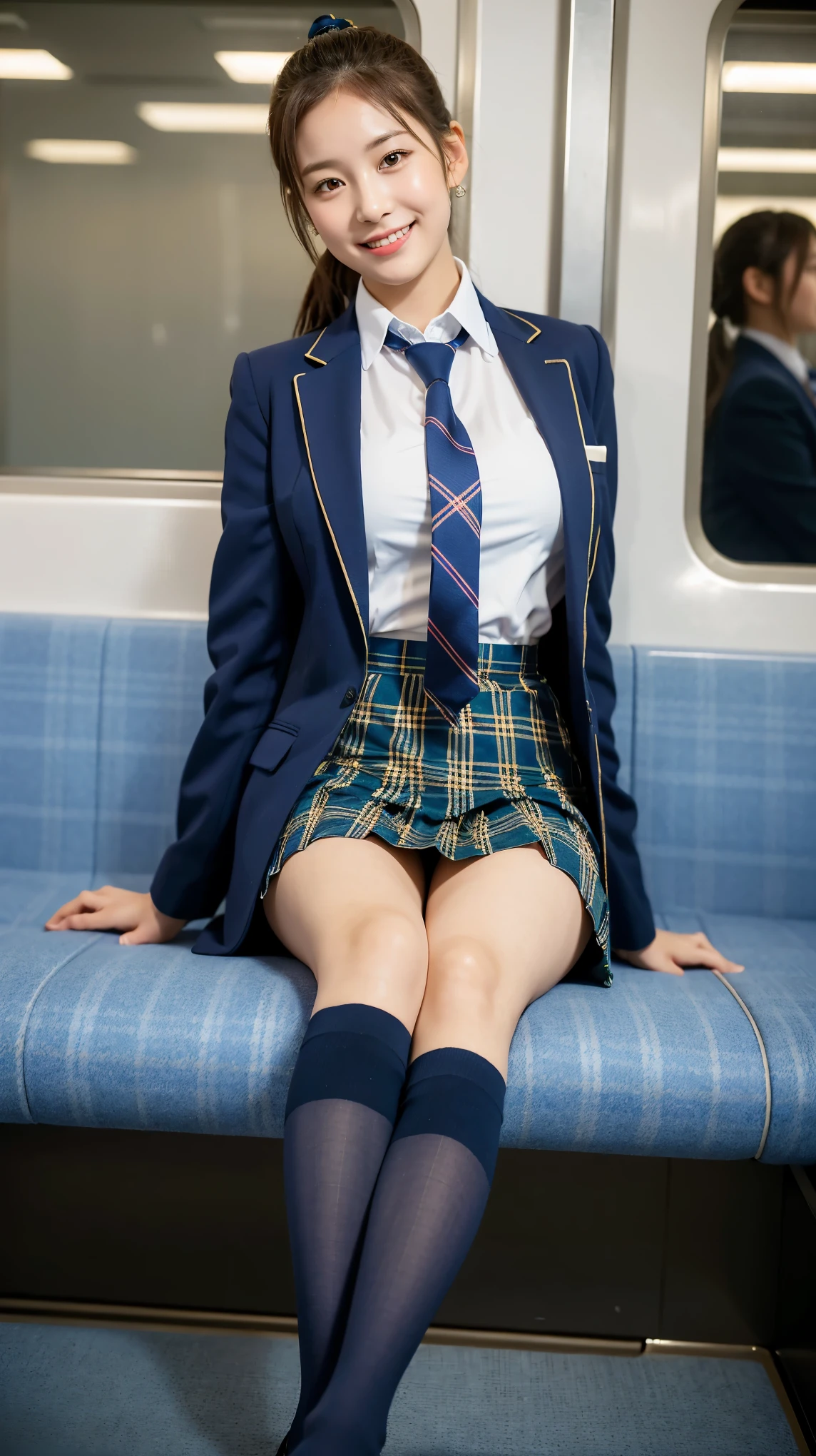 (8K), (highest quality: 1.2), (realistic), (realistic: 1.37), ultra high resolution, 1 girl, cute, smile, closed mouth, beautiful details, beautiful nose, beautiful hair, ponytail,giant dulcefo, pork, thighs,self snap,University Student Uniform,Sitting on a train in Tokyo,simple blazer,pleated skirt,(The pattern of the skirt and tie is a tartan check pattern...:1.3),cross your legs, From above,(thighsにクローズアップ),(光沢のあるthighs),(Opaque blue knee-high socks:1.2)