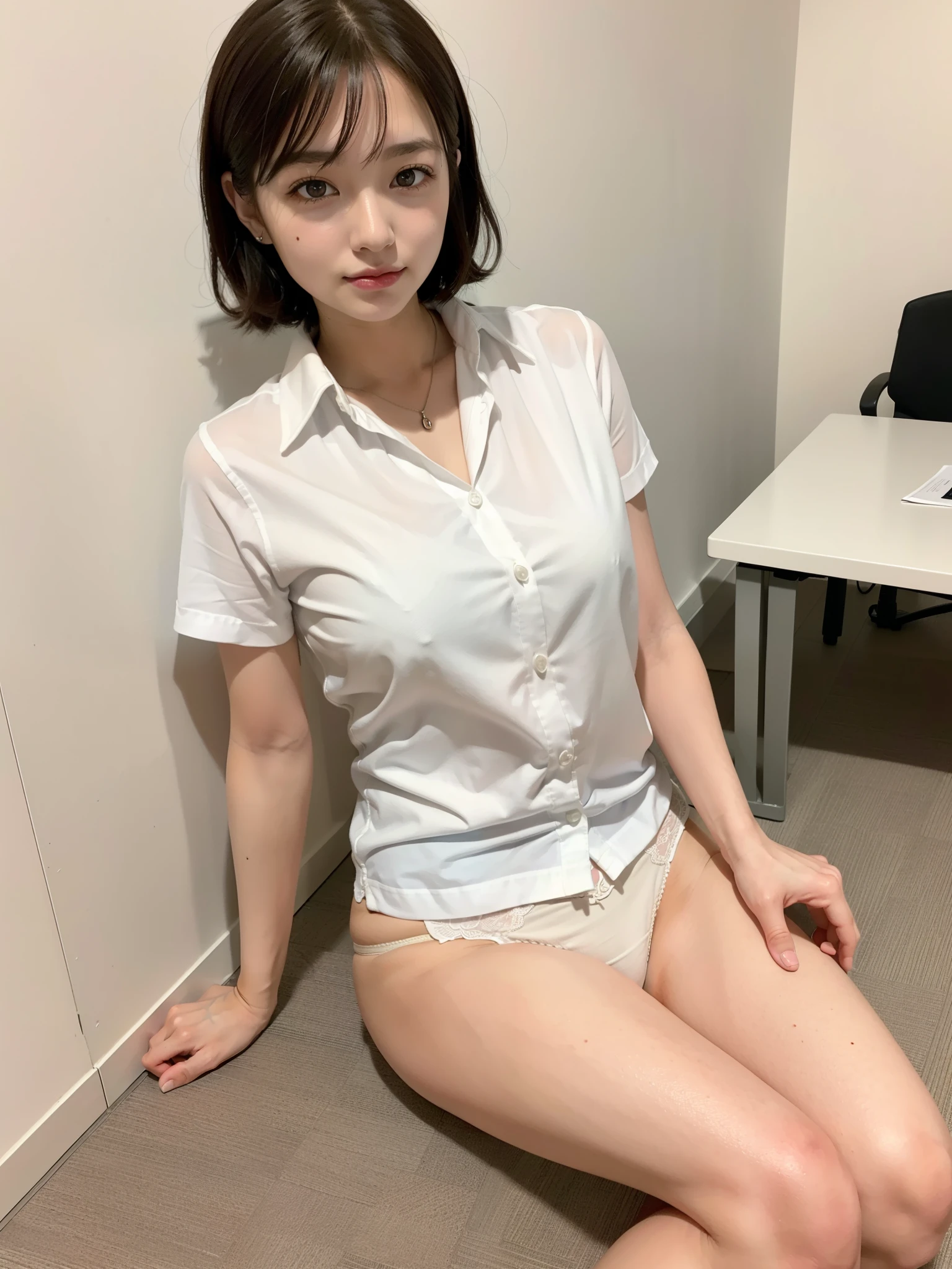 ((Best of the highest quality, 8k, Masterpiece: 1.3, raw photo)), Sharp focus: 1.2, (1 AESPA, slim body type, female, 21 y/o: 1.2), (Solo: 1.22), (realistic, photo-realistic:1.37), face focus, cute face, finely eyes, (small breasts, short messy hair, updo: 1.2), (white business shirt-blouse, panties, sitting floor, office: 1.4)