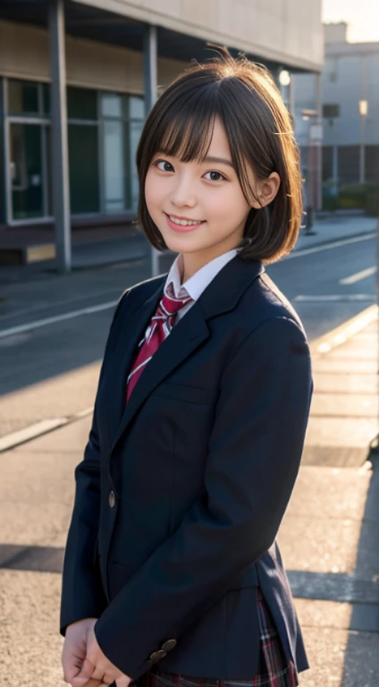 (highest quality,8K quality,masterpiece:1.3),(ultra high resolution,Photoreal:1.4,Raw photo),(Super detailed,caustics,detailed background),(ultra-realistic capture,Fine and beautiful skin,perfect anatomy),at dusk,sunset sky,school building,schoolyard,18-year-old,cute,single eyelid,black short bob,school blazer uniform,look at the camera,laughter,bust up shot,natural soft light