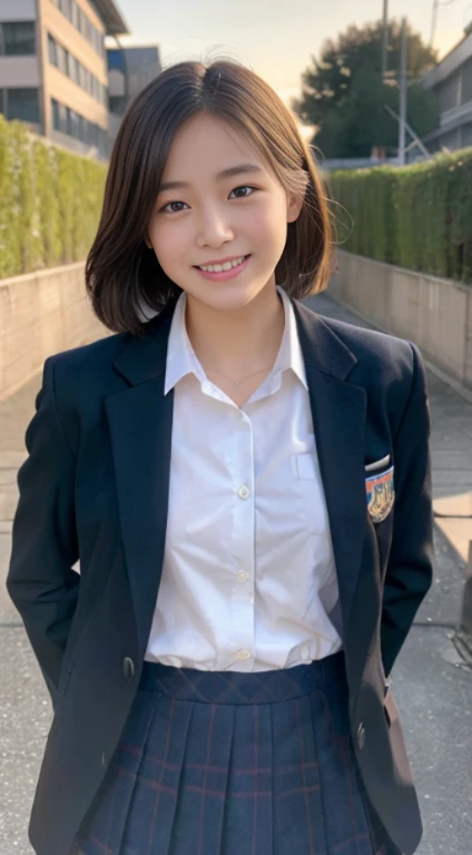 (highest quality,8K quality,masterpiece:1.3),(ultra high resolution,Photoreal:1.4,Raw photo),(Super detailed,caustics,detailed background),(ultra-realistic capture,Fine and beautiful skin,perfect anatomy),at dusk,sunset sky,school building,schoolyard,18-year-old,cute,single eyelid,black short bob,school blazer uniform,look at the camera,laughter,bust up shot,natural soft light