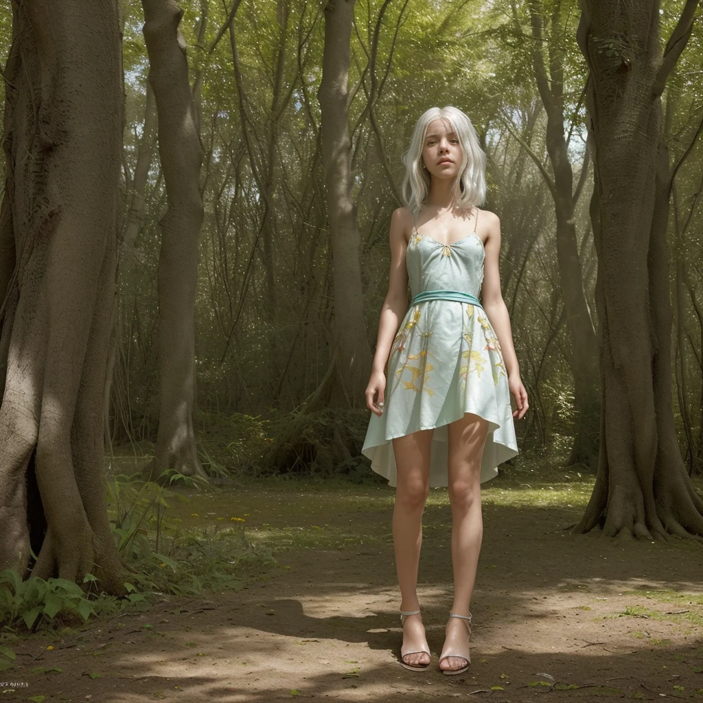 Un frondoso bosque con rayos de sol que hacen resplandecer a las flores y plantas silvestres, In the middle of the landscape there is a teenage girl with the appearance of a wingless fairy with waist-length white hair which shines in the sunlight. She must look like the personification of summer with a dress with summer colors and her sandals must have branches coming out. from the sole to your knees
