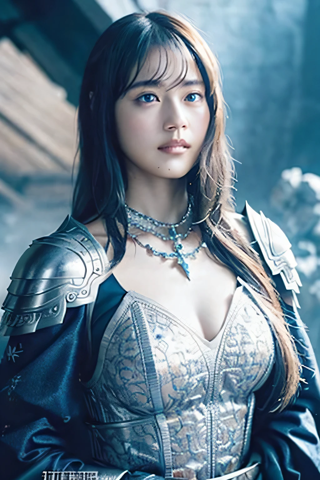 8K、Big breasts super detailed、masterpiece、highest quality、(very detailed)、dynamic angle、mysterious look、Wind effect、fantasy background、rim lighting、cinematic light、超A high resolution、8k uh、film grain、best shadow、delicate、born、particles of light、fine skin texture、Detailed armor texture、detailed face、Complex details、super detailed、shine、strong fraud、silver armor、(holding a weapon)、Slashing、Slashing Action、big and full breasts,Scapula、shining eyes、 long cloak、fantasy、(born)、shoulder armor、Complex、Complex、perfect lighting、looking at the viewer、movie lighting、flying in the sky、Flight、holy light、wonderful、bangs、the wind is strong、frozen mountain々々、long wavy white hair、lich queen,Sexy,attractive,short bob,Chest armor with detailed decoration,