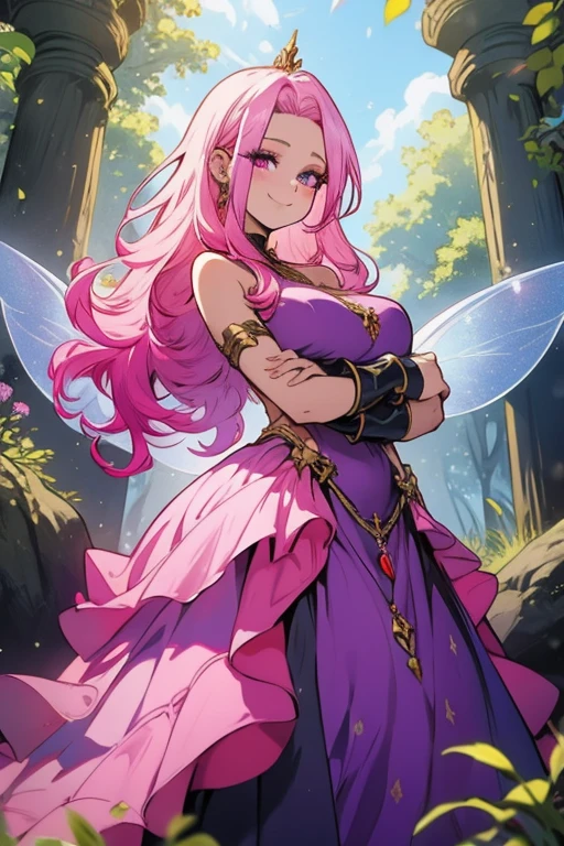 A pink haired female fariry with violet eyes with an hourglass figure wearing a gorgeous conservative fairy gown in an enchanted forest is posing with a smile