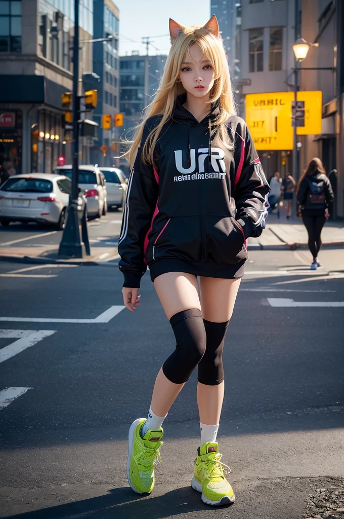 (best quality,ultra-detailed,realistic:1.37),vibrant colors,professional,portrait,girl,next-generation lighting,cat ears,young lady with blonde hair,full body shot,sporty outfit,urban background