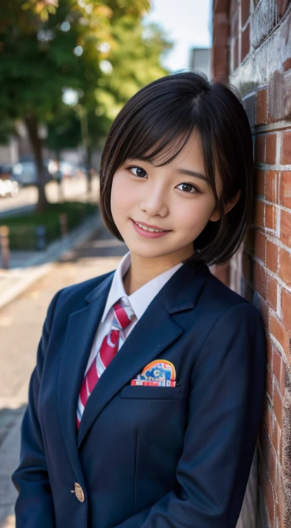 (highest quality,8K quality,masterpiece:1.3),(ultra high resolution,Photoreal:1.4,Raw photo),(Super detailed,caustics,detailed background),(ultra-realistic capture,Fine and beautiful skin,perfect anatomy),at dusk,sunset sky,school building,schoolyard,18-year-old,cute,single eyelid,black short bob,school blazer uniform,look at the camera,laughter,bust up shot,natural soft light