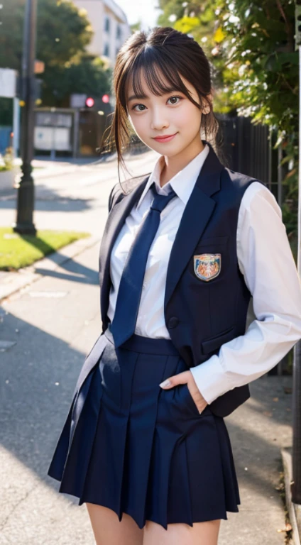 (highest quality,8K quality,masterpiece:1.3),(ultra high resolution,Photoreal:1.4,Raw photo),(Super detailed,caustics,detailed background),(ultra-realistic capture,Fine and beautiful skin,perfect ???????),at dusk,sunset sky,school building,schoolyard,18-year-old,cute,single eyelid,black short bob,school blazer uniform,look at the camera,laughter,bust up shot,natural soft light

