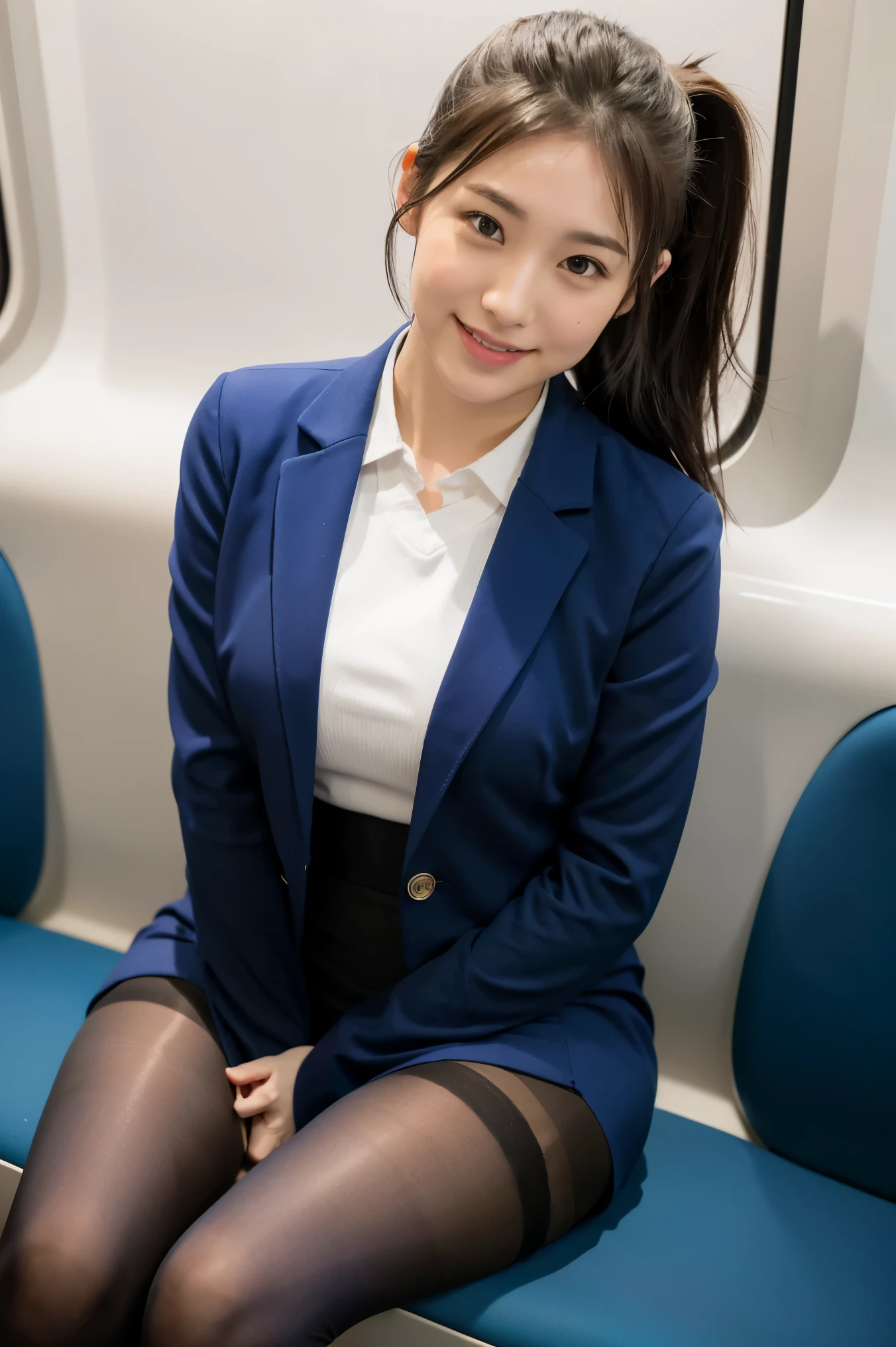 (8K), (highest quality: 1.2), (realistic), (realistic: 1.37), ultra high resolution, 1 girl, cute, smile, closed mouth, beautiful details, beautiful nose, beautiful hair, ponytail,giant dulcefo, pork, thighs，self snap,University Student Uniform,Sitting on a train in Tokyo,simple blazer,pleated skirt,cross your legs, From above,(thighsにクローズアップ),(濡れたthighs),(Opaque blue thick knee-high tights:1.3)