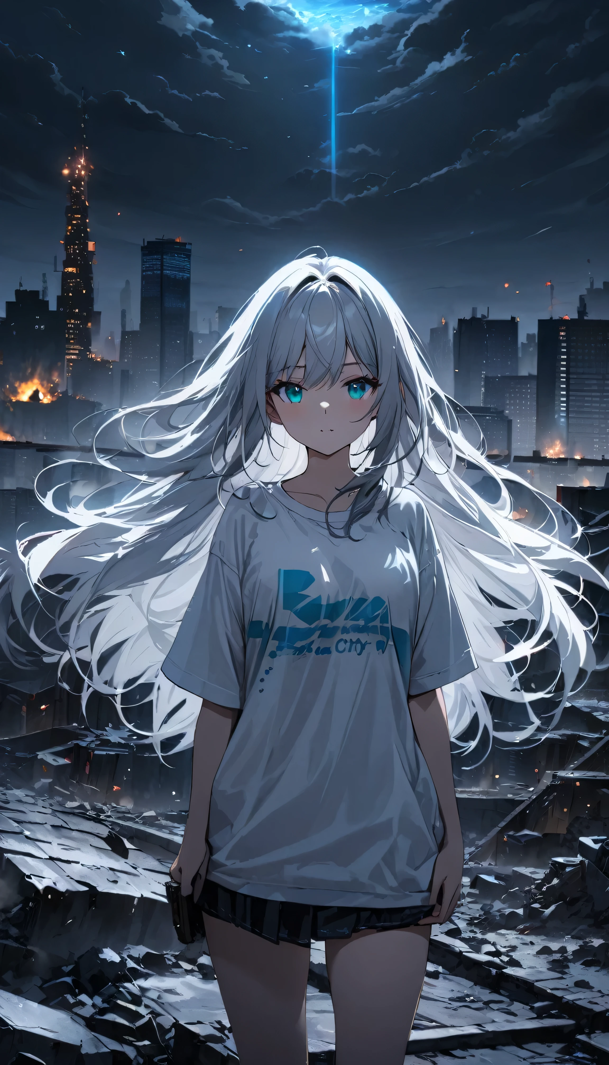 Resolution full, best quality, masterpiece, full HD, beautifull girl, foggy theme, super detailed, 1girl, cute girl, long hair, silver hair, detailed beautiful Aqua eyes, white T - shirt oversized, in wasteland, night time. At roof top skycraper. burning city and destroyed city. holding glowing katana, shadows surroundings girl, has a lighting power, apocalypse