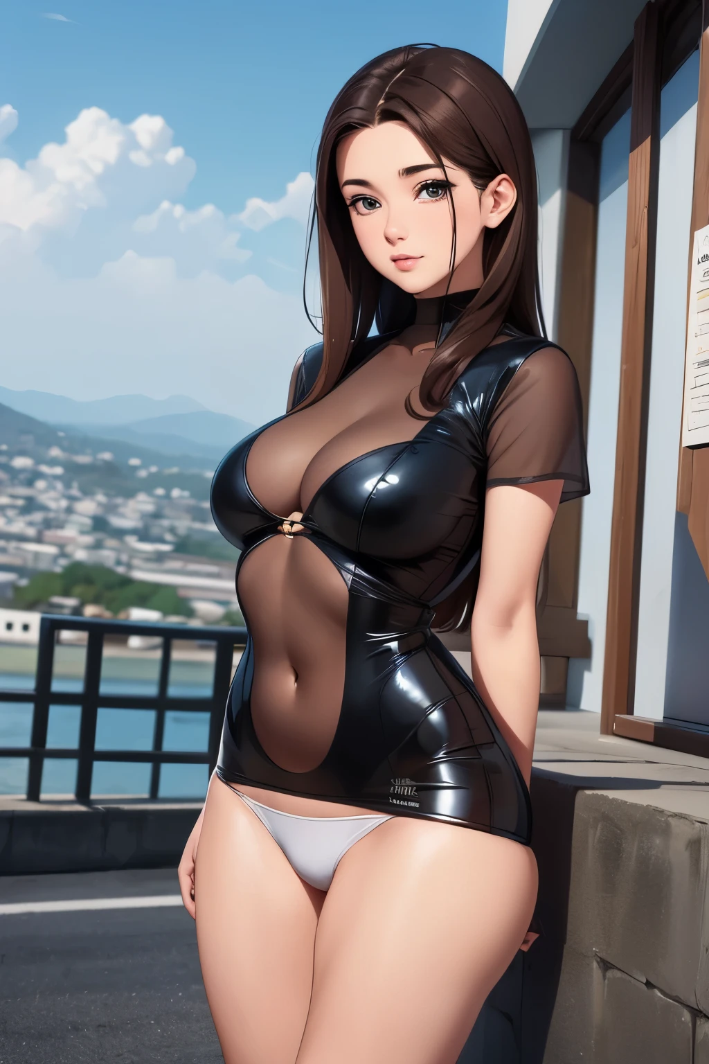 obra de arte, absurdos, ultra high resolution,(foto realista:1.4),1 garota,grande risada, o 18,medium breasts,medium brown hair, ((chuva pesada, fog, molhado, transparente)),(uniforme escolar azul,noroupa de baixo),standingschoolentrance,Uma mulher com um brinquedo adulto entre as pernas, writhing under Tobikko's remote control operation,The crotch is dripping with enchanting love juice, which is coating the roupa de baixo and inner thighs.Ela olha para mim com um rubor no rosto.,roupa de baixo,vista da cidade,