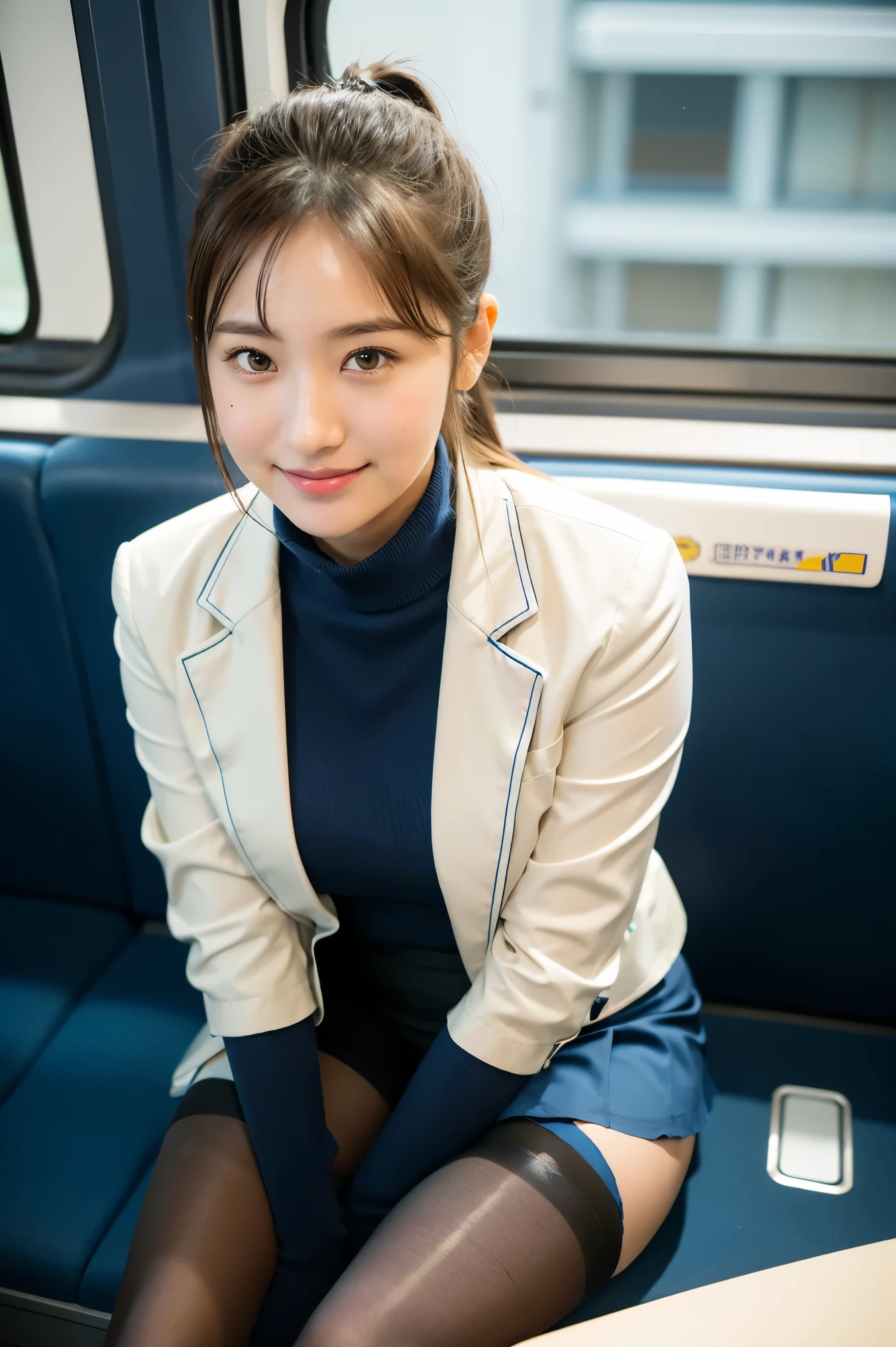 (8K), (highest quality: 1.2), (realistic), (realistic: 1.37), ultra high resolution, 1 girl, cute, smile, closed mouth, beautiful details, beautiful nose, beautiful hair, ponytail,giant dulcefo, pork, thighs,self snap,University Student Uniform,Sitting on a train in Tokyo,simple blazer,pleated skirt,cross your legs, From above,(thighsにクローズアップ),(濡れたthighs),(Opaque blue thick knee-high tights:1.3)