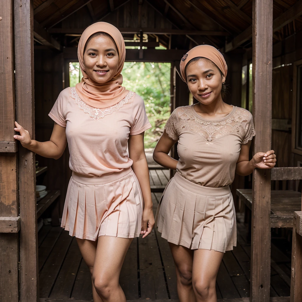 A 52 years old Indonesian woman in peach color hijab, wearing peach color lace tight t-shirt, wearing very short peach color lace pleated skirt, villager, poor woman, darker skin, curvier body, short body, smiling and standing in the old wooden cabin in a forest, look to the viewer with eye close