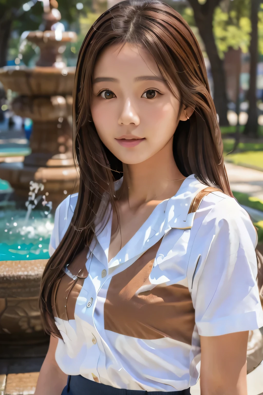 masterpiece, highest quality, Photoreal, Super detailed, finely, High resolution, 8k wallpaper, Professional, Advanced level of detail, Female college student posing by the park fountain, slender Japanese woman, ((facing the front)), detailed clavicle, Medium chest、perfect face, medium long hair, chestnut hair、(white shirt:1.5)、gentle smile、full body shot、(tanned brown skin:1.5)