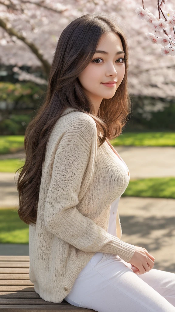 A girl sitting quietly on a park bench, Soak up the peaceful atmosphere, Captured in ultra-detail, oil painting style image. She is very beautiful, highly detailed eyes, Luscious lashes, stare quietly into the distance, Reflects a calm and contented expression, Her plump breasts, perfectly formed lips, incredibly detailed, A gentle curve leads to a smile, She is wearing a sheer knit cardigan、Complex texture, The long curls of her hair flow around her shoulders、Flows down the back, Surrounding Japanese cherry blossoms and soft wood々blends into, HDR lighting, The scene is filled with faint things, The soothing sounds of birds chirping nearby、