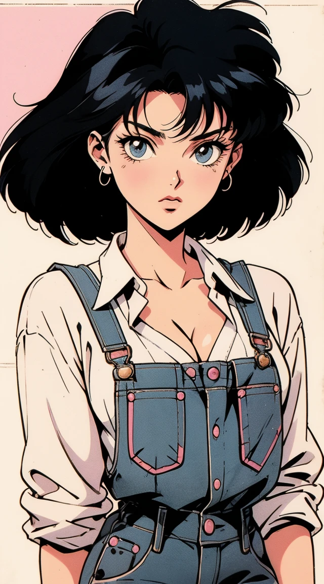 anime girl, 90s anime, vintage classic anime aesthetic, pink overalls, white shirt, short overalls, long black hair, cleavage