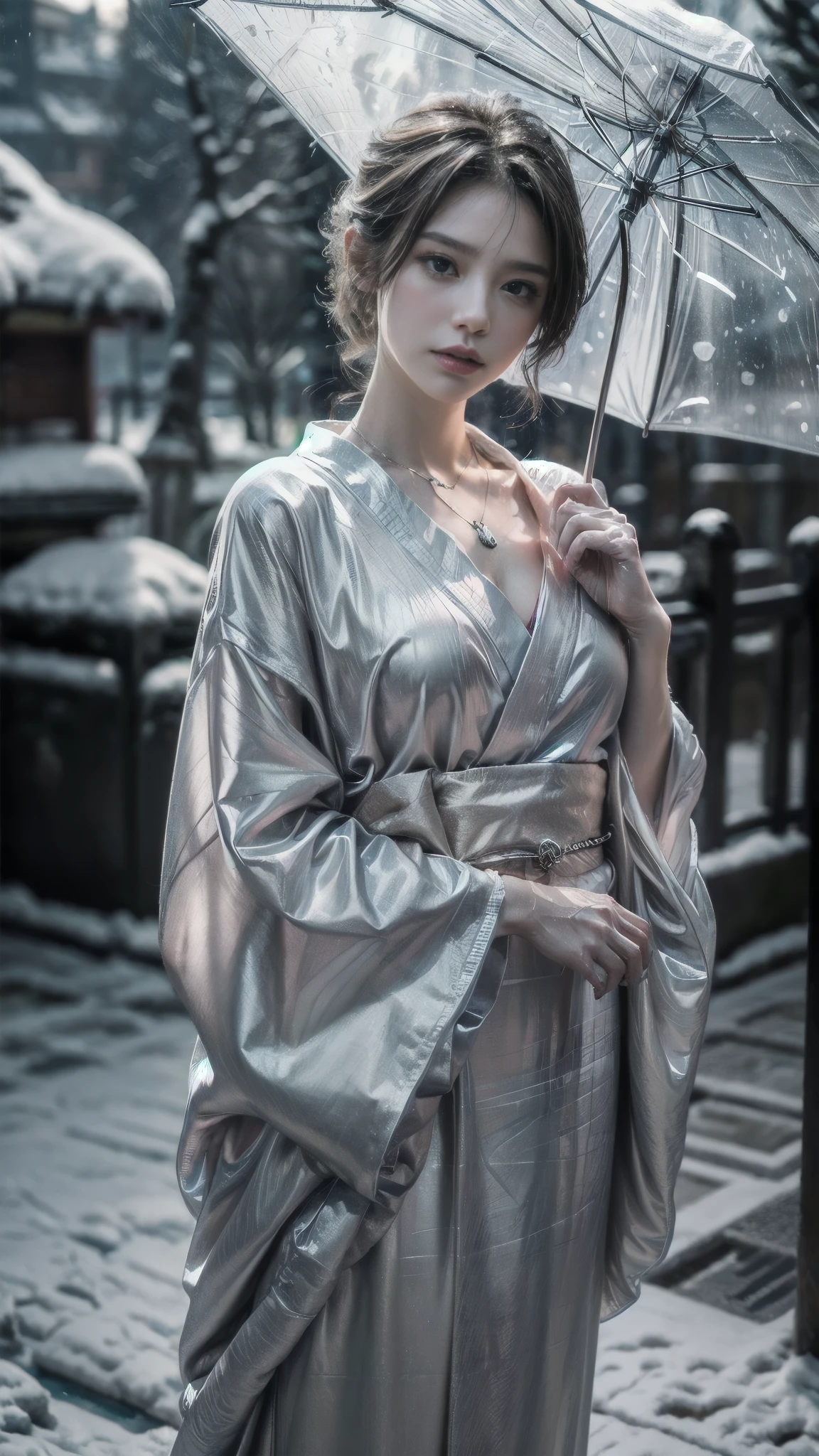 (Photoreal:1.5, 8K, highest quality, masterpiece, ultra high resolution), (((heavy snow, Blizzard))), Highly detailed skin and facial textures:1.3, perfect dynamic composition:1.2, (In front of a shrine at night in a modern city, expression of sadness:1.0, Tears are flowing:1.0, cry with a broken heart:1.0), Slim office lady wet in the rain:1.2, cowboy shot, Fair skin:1.2, sexy beauty:1.1, perfect style:1.2, beautiful and aesthetic:1.1, very beautiful face:1.2, water droplets on the skin, (rain drips all over my body:1.2, wet body:1.2, wet hair:1.3), (Professional kimono dressing:1.1, Bouquet of wet daffodils in hand:1.2, Wearing a wet silver kimono correctly:1.3), (Medium chest, Bra see-through, Chest gap), (Big eyes that exude beautiful eroticism:0.8, adult charm:0.8, Bewitching:0.8), necklace, earrings, bracelet, wedding ring, Highly detailed and accurate hand and finger representation