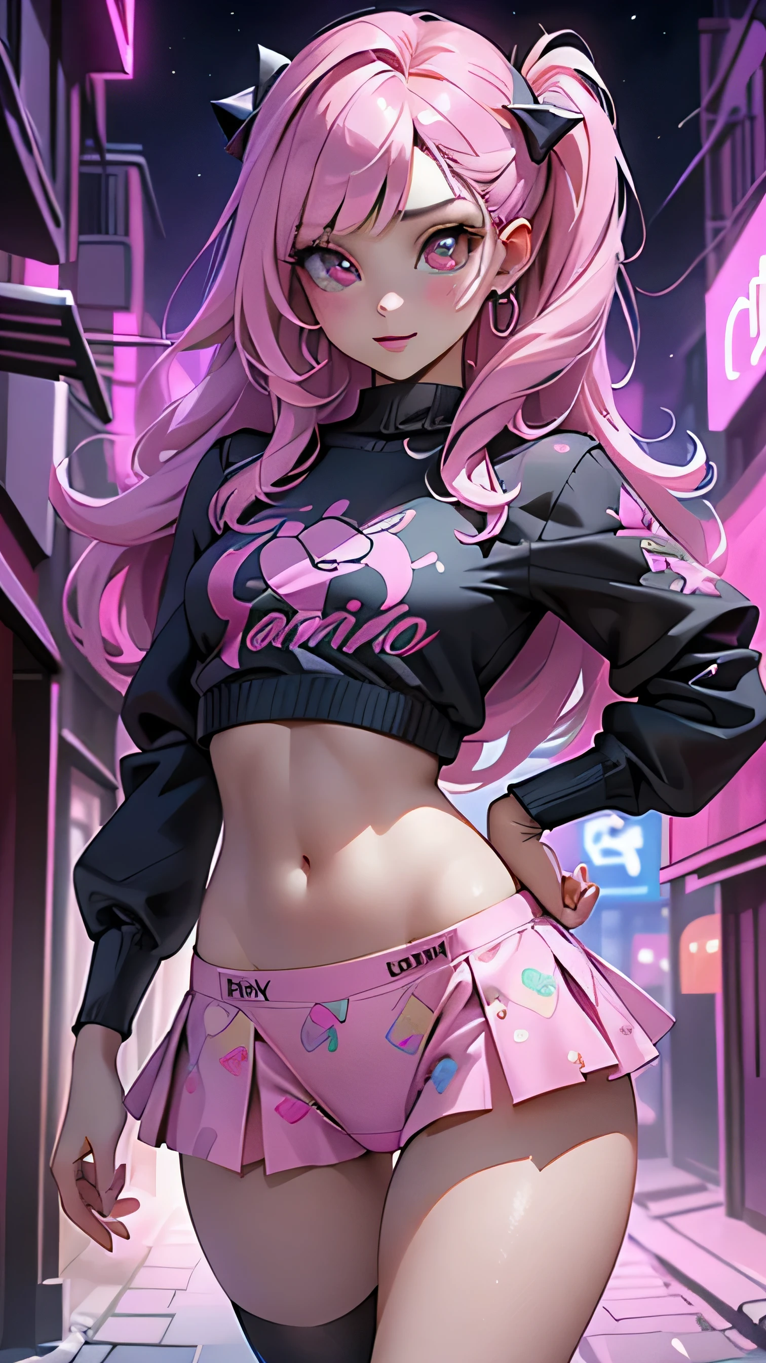 (La mejor calidad,A high resolution,Ultra - detallado,actual),Ariana Grande con miniskirt pink kawaii , abdomen expuesto, top corto,( cabello rizado pink), (Paris alley night background:1.4), More detailed 8K.motor irreal:1.4,UHD,La mejor calidad:1.4, fotorrealista:1.4, textura de la piel:1.4, obra maestra:1.8,obra-prima, mejor calidad,objeto Objeto], (detailed face features:1.3),(Las proporciones correctas),(Ojos hermosos azules),  (pose vaquero),( showing children&#39;s printed panties :1.4 ), (dedos detailed:1.4) 