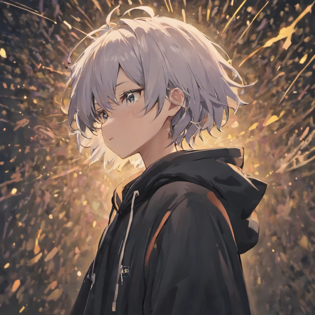 masterpiece, best quality, pandreo fe, solo, looking at viewer, 1boy, hair between eye, black hoodie, white messy hair, 2D, Anime, black headset, messy white hair