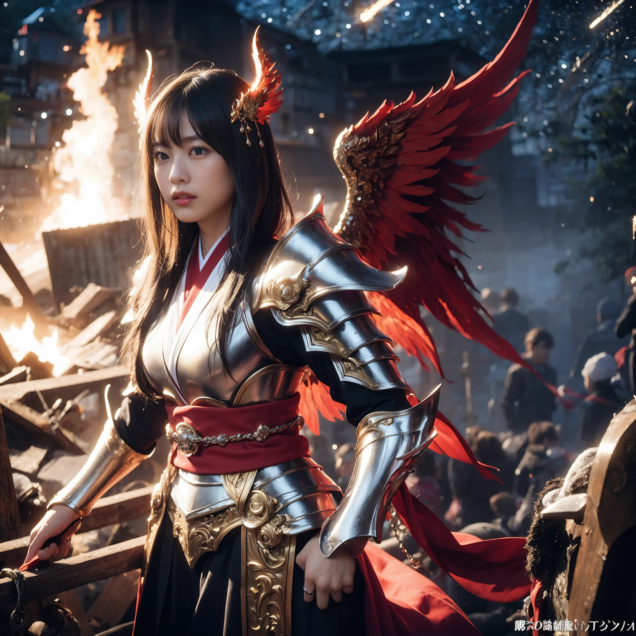 (((Realistic, masterpiece, best quality, crisp detail, high definition, high detail, very rich detail, sharp focus, sharp detail, colorful, rich color, perfect studio lightning))), ((20 years old, japanese goddess of hell, kasumi arimura)) in the molten lava flood, wearing (((beautiful decorated golden heavy armor, phoenix armor, phoenix tails, decorated full body armor, fully armored beautiful kimono, wide fire wings, blue aura))), (flying, floating, air attack stance, burning hands, holding fantasy weapon, blood scattered face, blood tears, blood bath, blood shed), (((fire everywhere, blood everywhere, death everywhere, japan bakumatsu period, dead bodies,carcass,burned japanese castle,hellish,chaos, hell fire, exploding volcano, meteor shower)) burnt traditional village background), shot from below