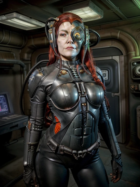 (best quality:1.2), 1girl, full body showing, correct anatomy, correct eyes, detailed face, pretty face, zero expressions, spacesuit, cyborg, (correct drawn face)++, (black and red two-toned hair)+, half-red half-black retro wavy hairstyle, MUF, epic scenery,correct drawn fingers, trekborg, borg, wires in head, implants, grey skin veins, metal armor, cable, eyepatch, green lighting
