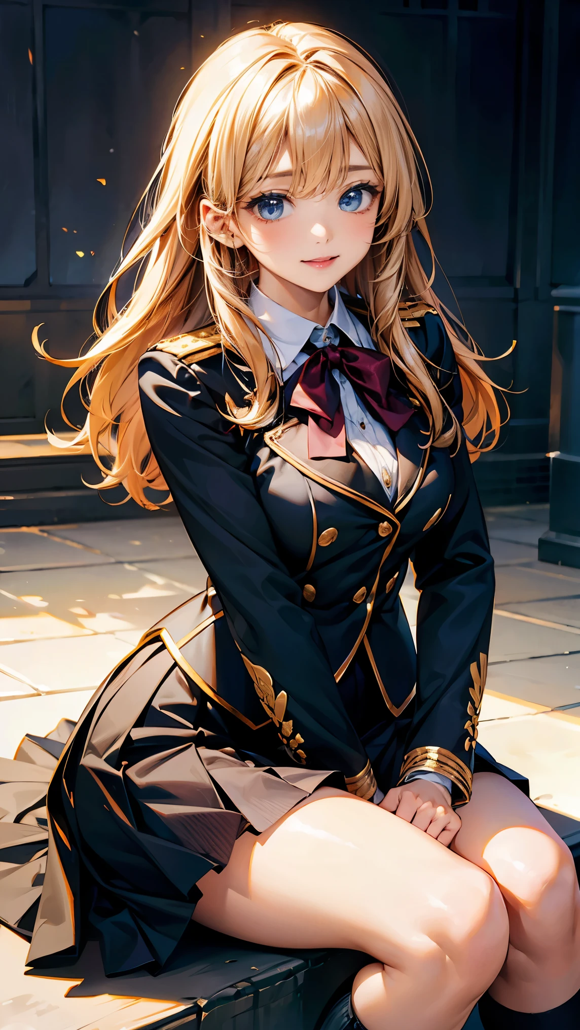 A breathtaking masterpiece、Captured in breathtaking 8K resolution、The portraits are exquisitely detailed and realistic.。The scene is bathed in HDR light.、Depicts a beautiful woman at a medium distance、(semi-long、blonde hair)、medium breasts、high school girl、(uniform、cute ribbon、skirt、knee high socks、blazer、uniformのボタン、uniformの襟、blouse、uniformのskirt、uniformのネクタイ、uniformの靴、uniformのベスト)、In a perfect contrapposto pose、Her hands were delicately placed on her head、Smiling amiably at the viewer。She exudes an aura of grace and charm.。