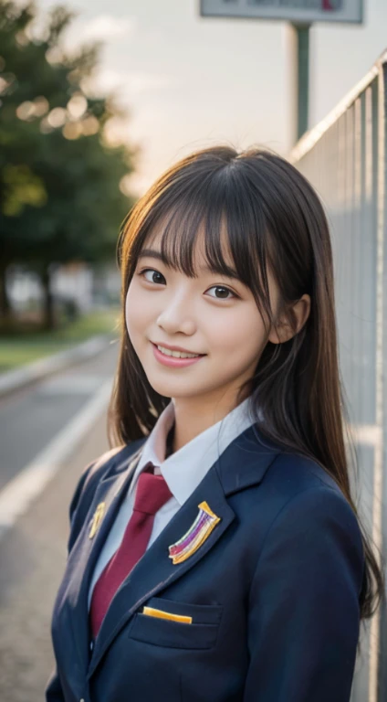 peace sign (highest quality,8K quality,masterpiece:1.3),(ultra high resolution,Photoreal:1.4,Raw photo),(Super detailed,caustics,detailed background),(ultra-realistic capture,Fine and beautiful skin,perfect anatomy),at dusk,sunset sky,school building,schoolyard,18-year-old,cute,double eyelid,black long hair,school blazer uniform,look at the camera,laughter,bust up shot,natural soft light
