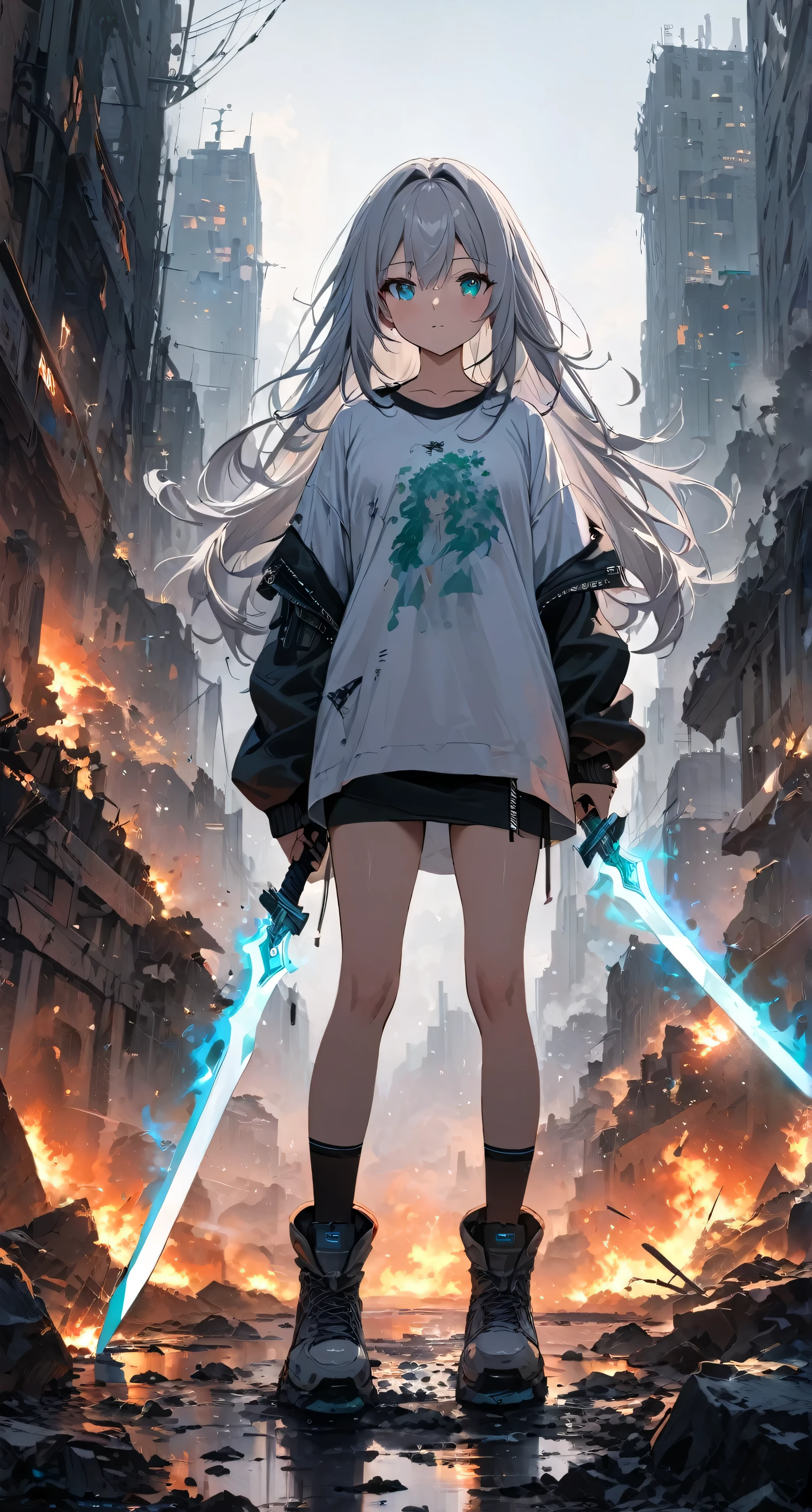 Resolution full, best quality, masterpiece, full HD, beautifull girl, foggy theme, super detailed, 1girl, cute girl, long hair, silver hair, detailed beautiful Aqua eyes, white T - shirt oversized, in wasteland, in burning city, holding glowing sword, shadows surroundings girl, has a lighting power