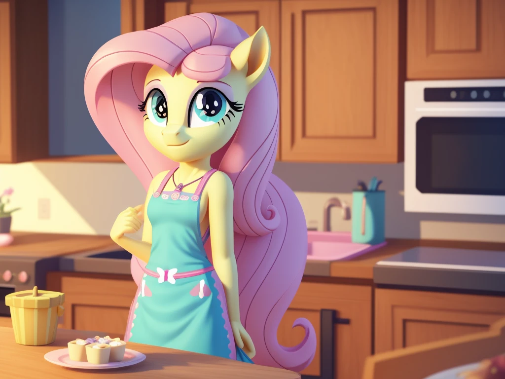 An anthropomorphic young fluttershy, wearing an very small apron, spread wings, open arms, standing, waiting in the kitchen, young, pony close to teenage girl, Low poly rendering by senior environment artist, Polycount trends, furry art, adorable digital paintings, cute 3d rendering, from overwatch, Super detailed rendering, cute detailed digital art, Highly detailed soft lighting, yellow pony, Stylized as a 3D rendering, Cute pony anime visuals, nsfw
