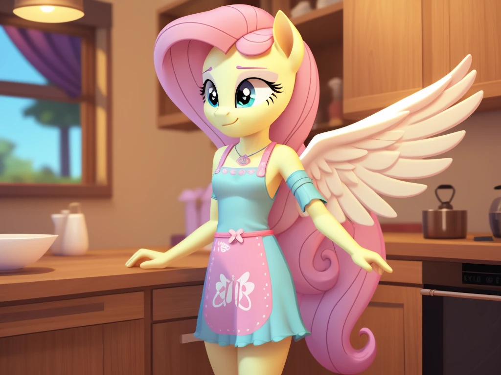 An anthropomorphic young fluttershy, wearing an very small apron, spread wings, open arms, standing, waiting in the kitchen, young, pony close to teenage girl, Low poly rendering by senior environment artist, Polycount trends, furry art, adorable digital paintings, cute 3d rendering, from overwatch, Super detailed rendering, cute detailed digital art, Highly detailed soft lighting, yellow pony, Stylized as a 3D rendering, Cute pony anime visuals, nsfw
