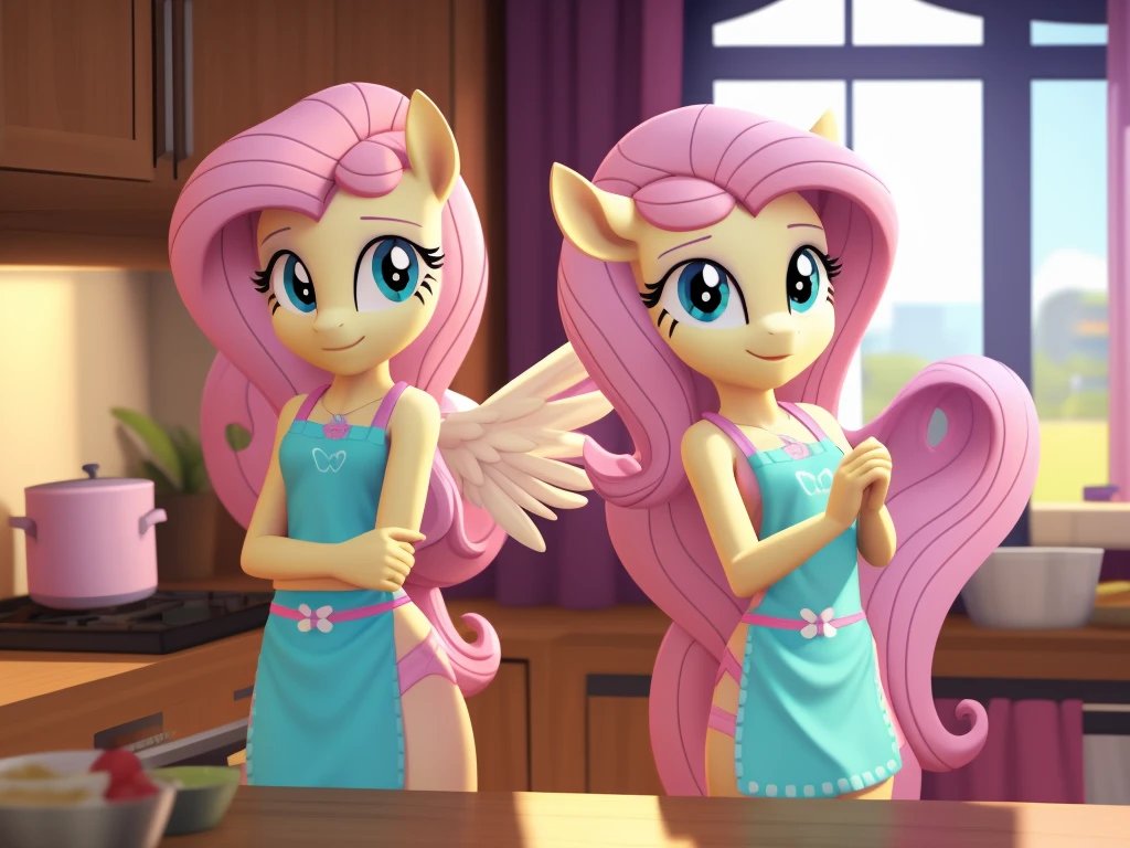 An anthropomorphic young fluttershy, wearing an very small apron, spread wings, open arms, standing, waiting in the kitchen, young, pony close to teenage girl, Low poly rendering by senior environment artist, Polycount trends, furry art, adorable digital paintings, cute 3d rendering, from overwatch, Super detailed rendering, cute detailed digital art, Highly detailed soft lighting, yellow pony, Stylized as a 3D rendering, Cute pony anime visuals, nsfw
