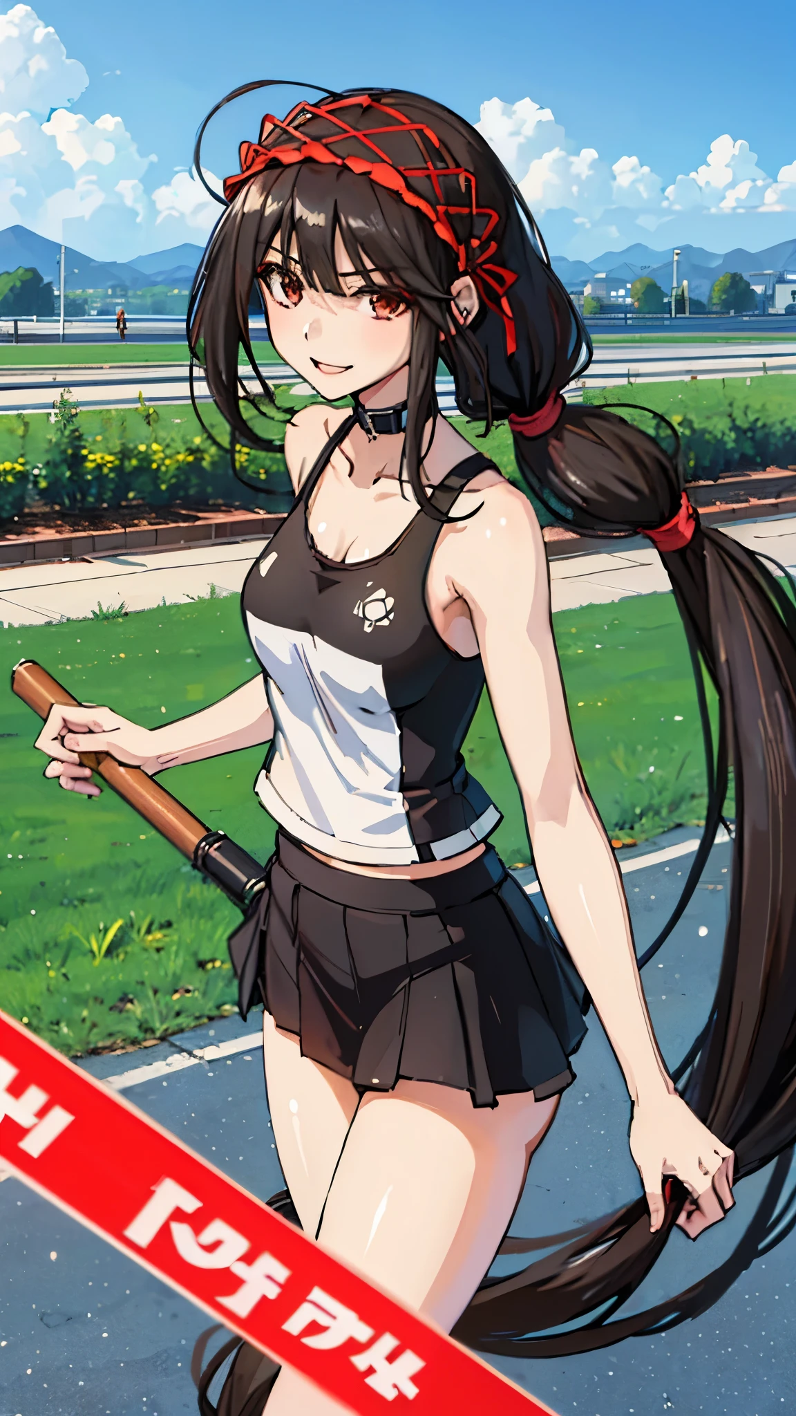 Masterpiece, high quality, 1girl, ((tokisaki kurumi)), long hair, (((low twintails))), ((big thigh)),tank top , smile, sexy body, sexy, looking at viewer,