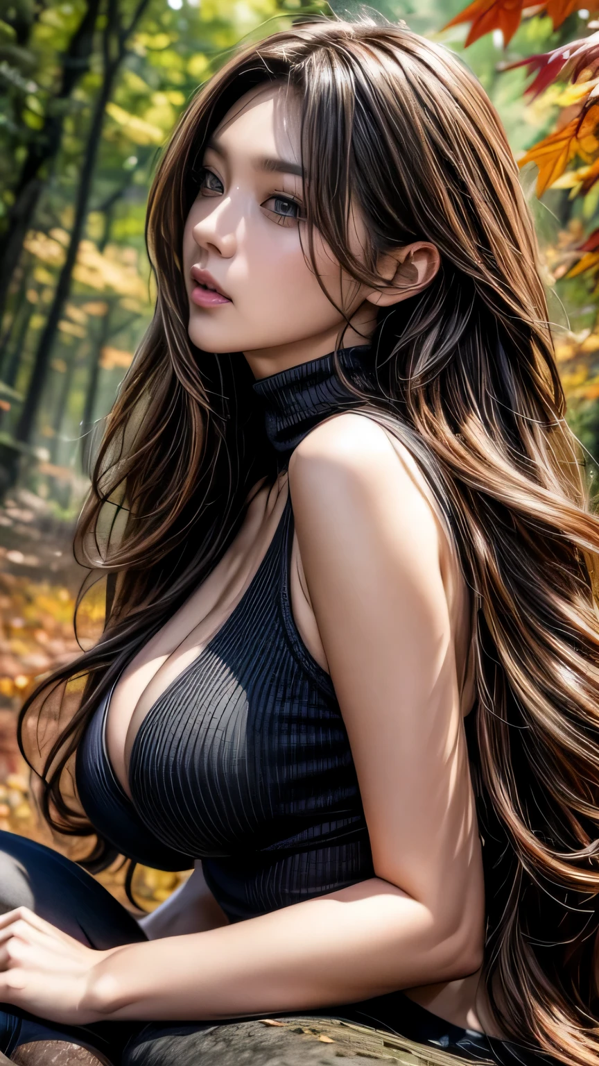 Photographed in a forest of autumn leaves、High resolution photos。Gorgeous young woman posing、Surrealistically drawn in Unity 8k。she is slender and curvaceous、Long curly hair flowing down her back、With detailed faces and eyes、It looks like it shines in the dark。she wears black leggings and ankle boots、Turtleneck sweater keeps you warm。超detailed face、detailed eyeore Hair、brown hair、long hair、beautiful hairstyle、detailed face、chest exposure、cleavage、(big breasts)、incredibly stupid, Looks ridiculous, masterpiece, 最high quality, high quality, High resolution