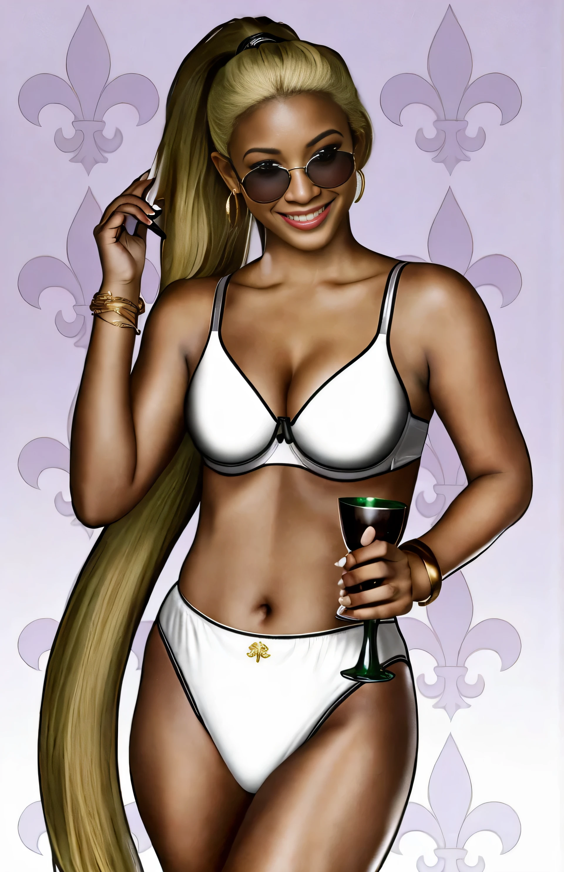 ((masterpiece, best quality)), ((35 year old)), (((Curvy))), ((Black woman with long blonde ponytail)), ((white cotton panties)), white bra, smiling, gold bracelets, gold earrings, sunglasses, holding a white glass, fleur de lis patterned background, (((photo realistic)))
