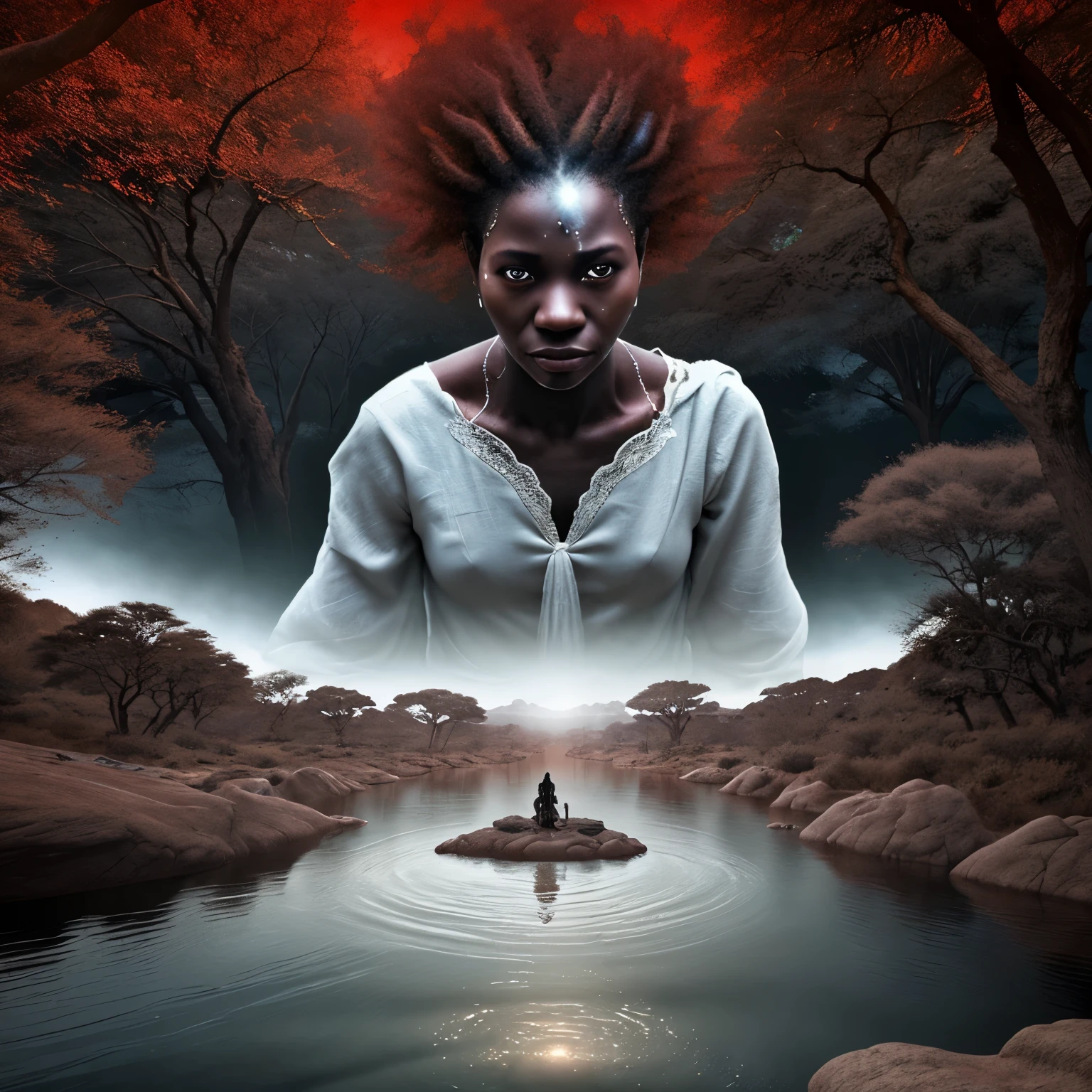 A super detailed,super realistic African setting,malevolent spirit appearing over a lonely river with only trees and rocks,dressed in white,floating in the air with red glowing eyes.Distant POV 