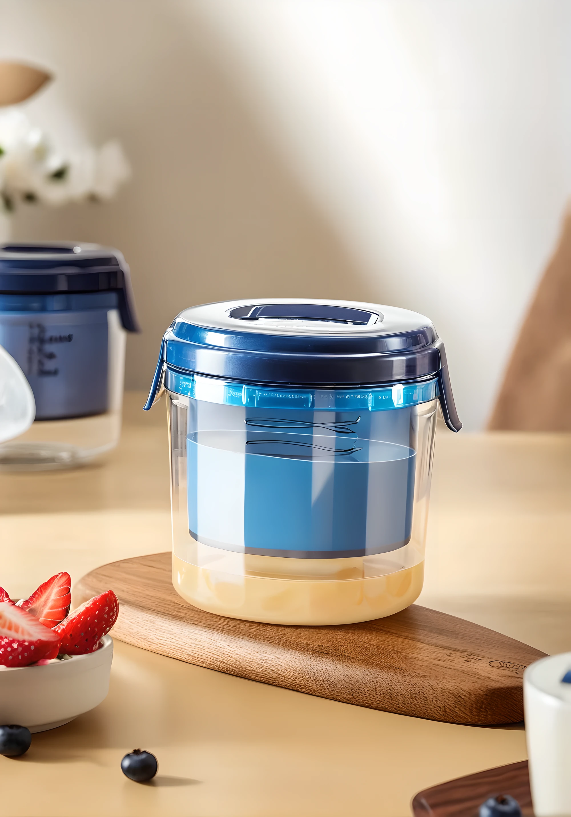 In this image, a clear plastic yogurt maker labeled "QUICK MIZUKIRI YOGURT" is placed on a wooden cutting board. The inside of the container is filled with a small amount of light yellow clean water. The container has a simple design, in clear and navy blue tones, and comes with an easy-open lid. The wooden cutting board is sturdy and has a dark brown natural wood grain. On one side of the cutting board is a small dollop of yogurt and a small wooden spoon. The background is blurred, showing cut strawberries and an empty bowl on a light brown clean tabletop. The overall tone is warm, the light is natural, and the composition is balanced, conveying a comfortable feeling of home-made healthy food. This scene may also imply a simple, convenient and healthy lifestyle.