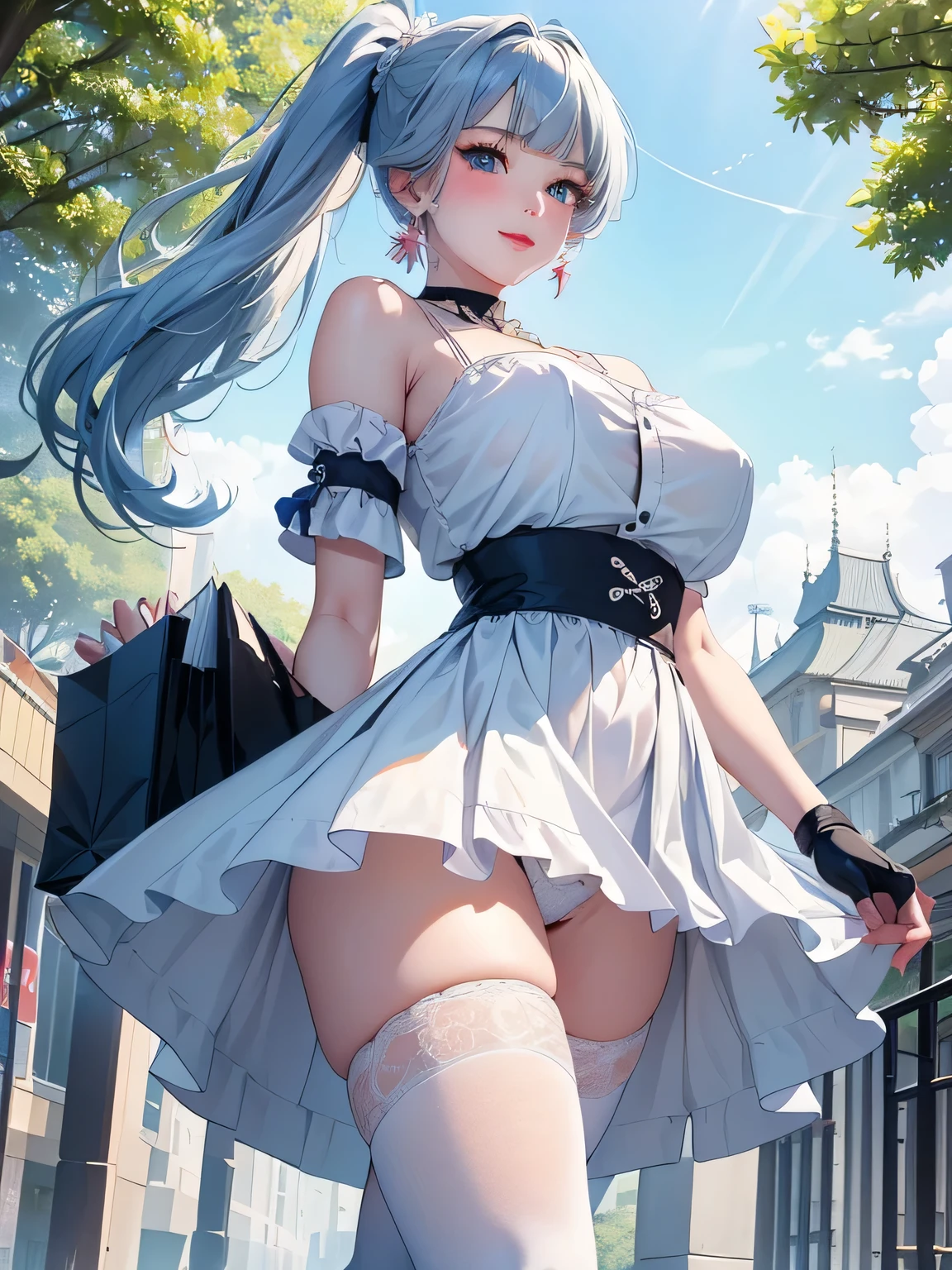 (Vulgar,nsfw),(skirt lift,very windy),(beautiful elegant white panties),very low angle,from below),((masterpiece, highest resolution,best quality)), (beautiful illustration), ((Kamisato Ayaka in Genshin Impact)), ((semi long beautiful silver blue hair,blunt bangs,pony tail,beautiful blue eyes)),(solo),(beautiful elegant office blouse and black skirt,skirt lifted by herself,own hands),(looking at the viewer), (walking around the shopping mall), (innocent smile, Embarrassed),(white over-kneehighs,Lace chalker, wristband, fingerless gloves, over-kneehighs, Lace chalker, diamond necklace,wristband, fingerless gloves, earrings), (cinematic lighting, very windy),shopping mall,big city,busy street,day,blue sky,flowers and trees,crowded,open your legs　from below　from the ground　high school girl　Underwear patterns　Look away and take a look　super knowledgeable girls　thin line