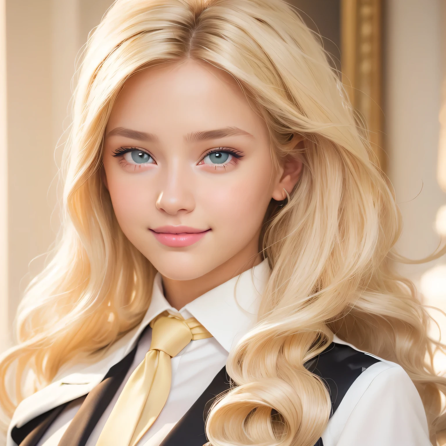 Young girl, One, long hair, I look at the viewer, smile, green eyes, blonde hair, shirt, jacket, white shirt, parted lips, tie, One focus, collared shirt, blurred, lips, black jacket, grey eyes, without the background, Wavy hair, formal, suit, black tie, realistic, Barbie style
