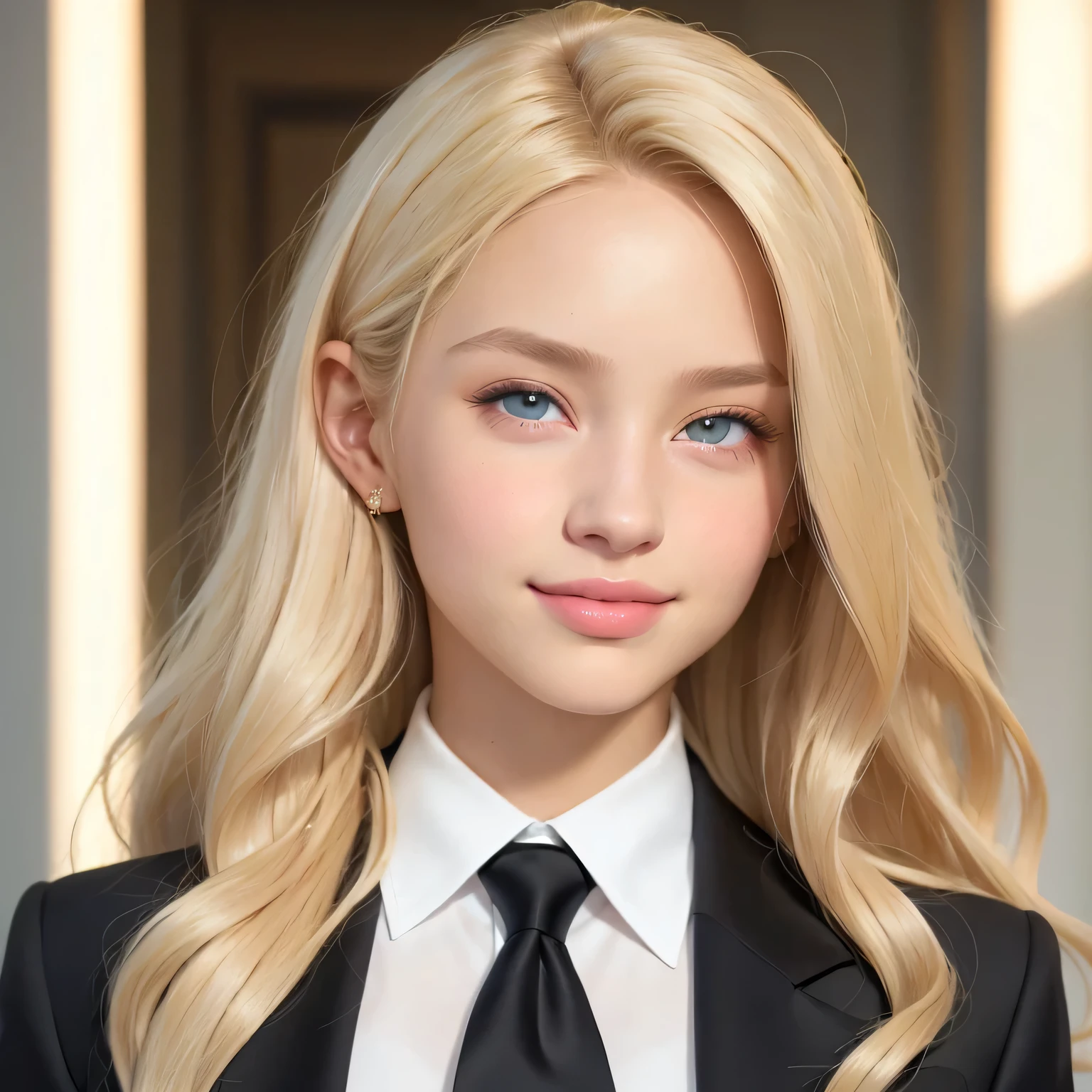 Young teenage girl, One, long hair, I look at the viewer, smile, green eyes, blonde hair, shirt, jacket, white shirt, parted lips, tie, One focus, collared shirt, blurred, lips, black jacket, grey eyes, without the background, Wavy hair, formal, suit, black tie, realistic, Barbie style