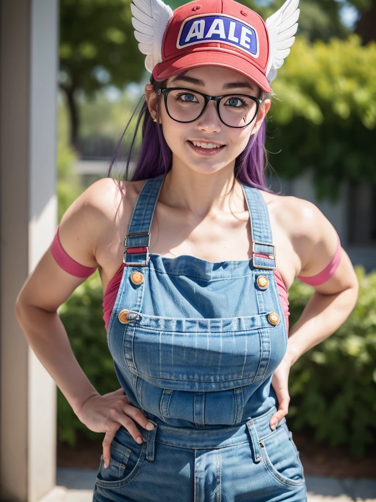 (masterpiece, best quality:1.4), (standing:1.5) (dynamic pose:1), 1girl, solo, (european youth:1), arale, glasses, blue eyes, long hair, purple hair, short sleeves, wing hat, (red cap), (wing cap:1.5), red shirt, blue overalls, looking at viewer, beautifull smile, beautiful face, highly detailed face, highly detailed eyes, highly detailed skin, skin pores, subsurface scattering, realistic pupils, full face blush, full lips, detailed background, depth of field, volumetric lighting, sharp focus, absurdres, realistic proportions, good anatomy, (realistic, hyperrealistic:1.4), 16k hdr,