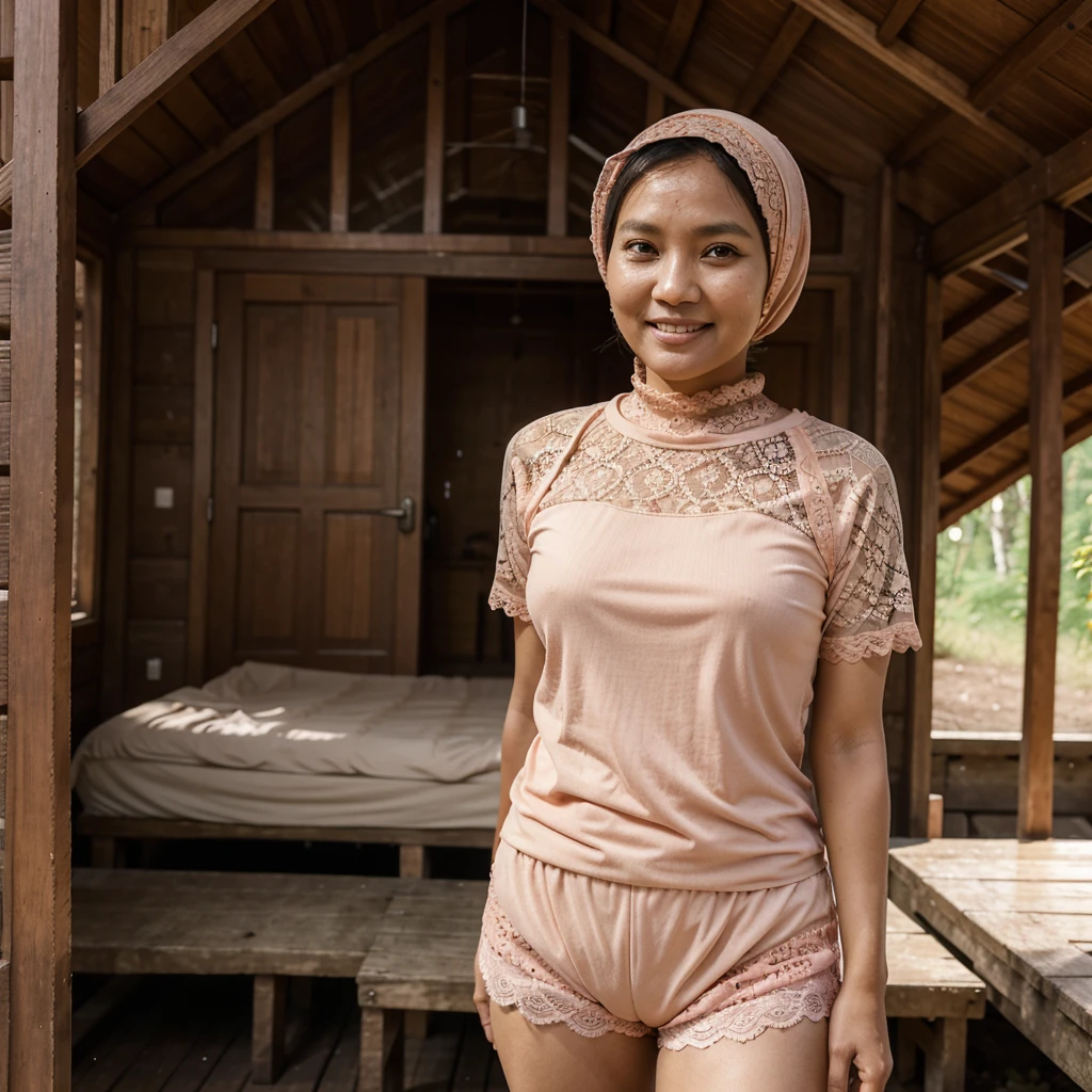 A 52 years old Indonesian woman in peach color hijab, wearing peach color lace tight t-shirt, wearing peach color lace shorts, villager, poor woman, darker skin, curvier body, short body, smiling and standing in the old wooden cabin in a forest, look to the viewer with eye close