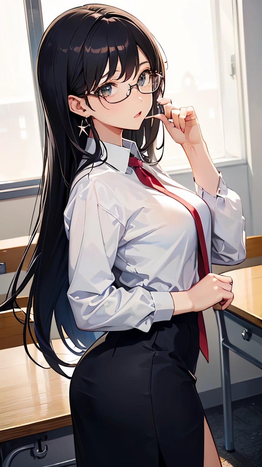 Italian girl, with very long black hair, 25 years old, hyper super gigantic and mammoth breasts, thin, has wet breasts, wears a torn tight blouse that does not contain the breasts and a pleated black miniskirt, and paired with a boy, inside a school classroom