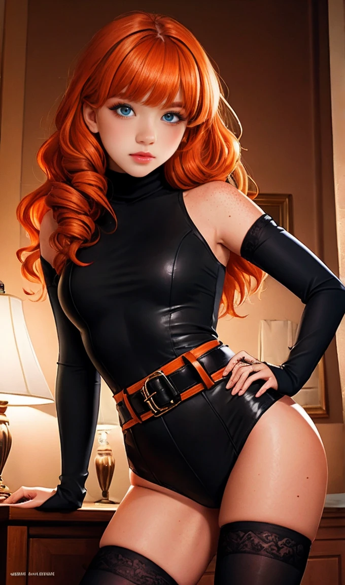 IFOM, masterpiece, Best quality, Ultra detailed, beautiful lighting, 1 girl, orange hair, green eyes, freckles, turtleneck, I look at the viewer, in black stockings with a belt