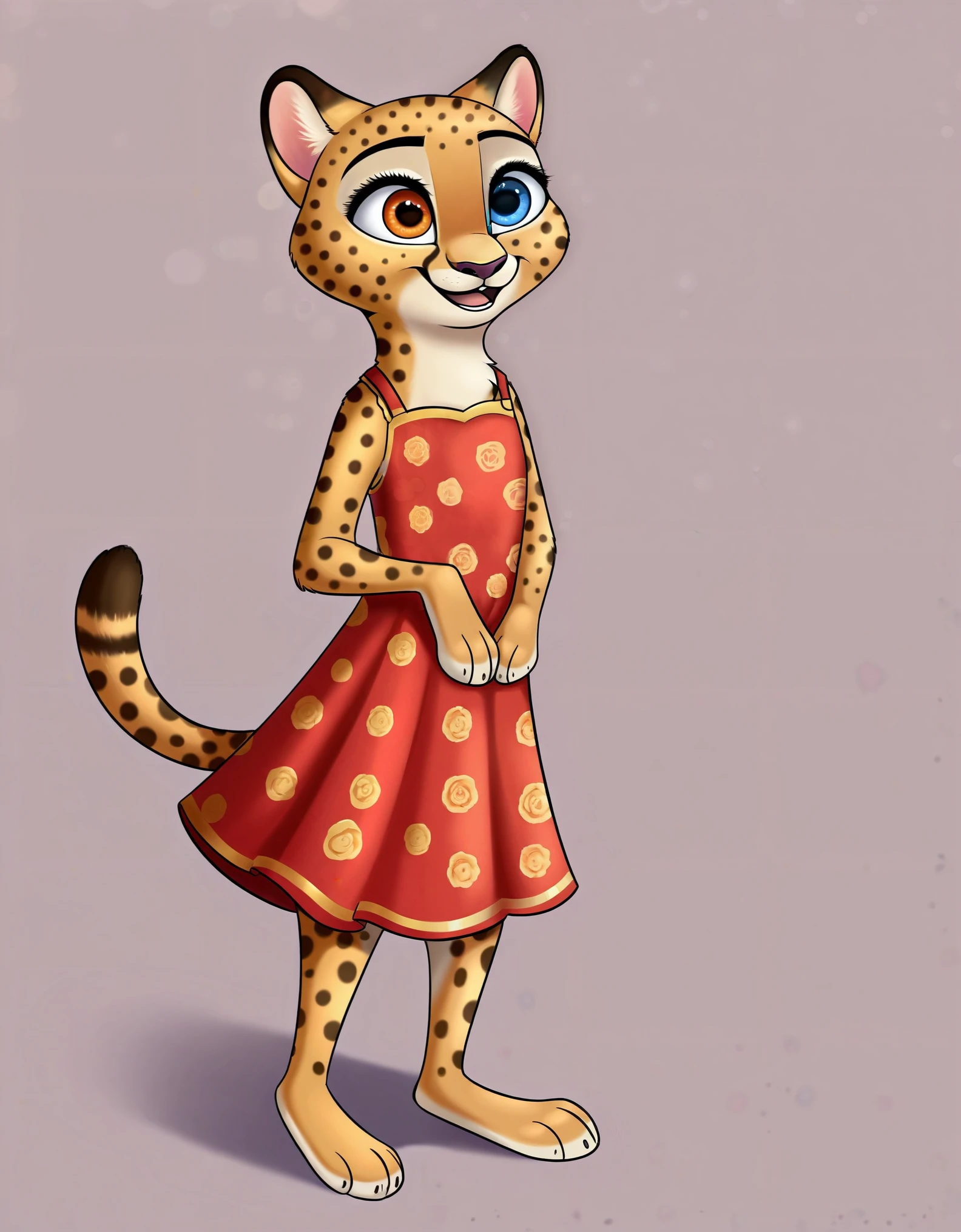 Small, young, Female, white lioness wiht cheetah skin, heterochromia blue and orange eyes, perfect legs, cute african dress, standing, (happy), full body, (soft shading), 4k, detailed face, detailed eyes, detailed, zootopia style, blank background, full body, tail