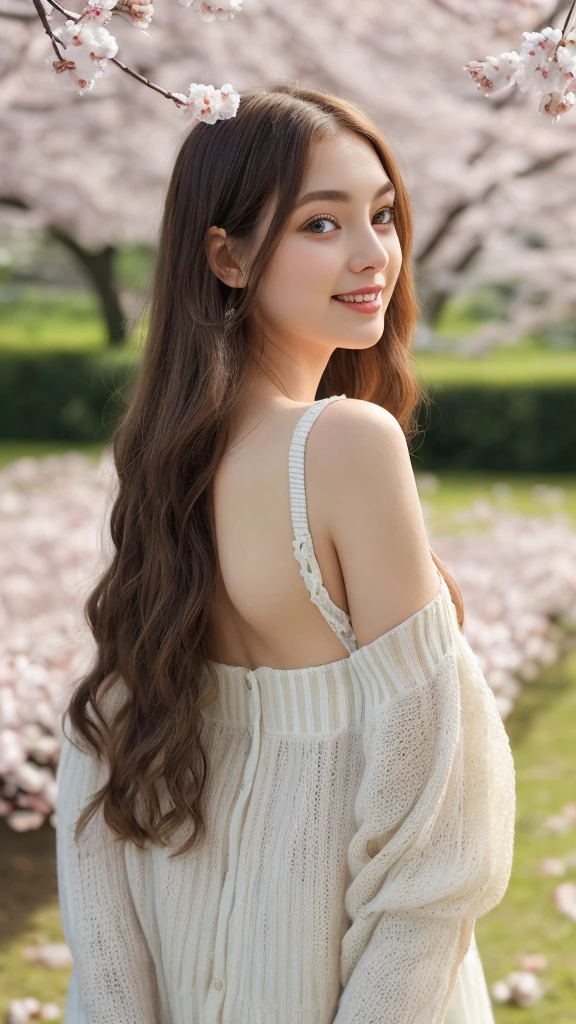 Tall girl standing in the park, Soak up the peaceful atmosphere, Full-body photos captured in ultra-detail, oil painting style image. She is very beautiful, highly detailed eyes, Luscious lashes, stare quietly into the distance, Reflects a calm and contented expression, Her plump breasts, perfectly formed lips, incredibly detailed, A gentle curve leads to a smile, Wearing a cotton mini dress、She is wearing a sheer knit cardigan、Complex texture, Her long curls flow around her shoulders、Surrounding Japanese cherry blossoms and soft wood々blends into, HDR lighting, The scene is filled with faint things, The soothing sounds of birds chirping nearby、