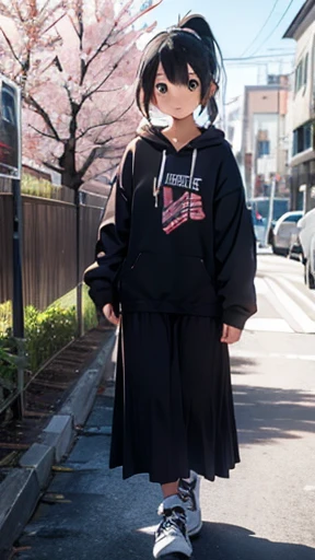 Alafi standing in the room in a blue and white jacket and skirt, dressed with long fluent clothes, Japanese clothes, She is seen wearing streetwear pieces, clothes in the style of 1 9 9 0, japanese streetwear, multilayered outfit, wearing a fisher 🧥, wearing jacket and skirt, 90s japan, y 2 k style, Y2K style