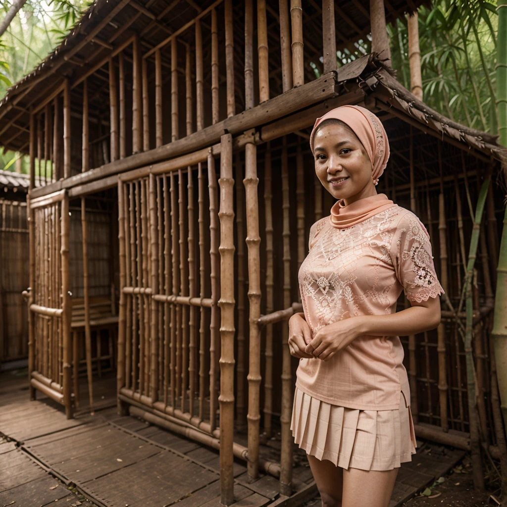 A 52 years old Indonesian woman in peach color hijab, wearing peach color lace tight t-shirt, wearing very short peach color lace pleated skirt, villager, poor woman, darker skin, curvier body, short body, smiling and standing in the old bamboo cabin in a forest, look to the viewer with eye close