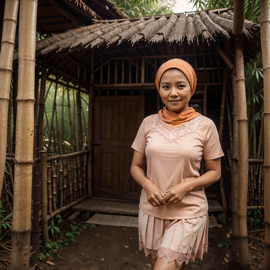 A 52 years old Indonesian woman in peach color hijab, wearing peach color lace tight t-shirt, wearing very short peach color lace pleated skirt, villager, poor woman, darker skin, curvier body, short body, smiling and standing in the old bamboo cabin in a forest, look to the viewer with eye close