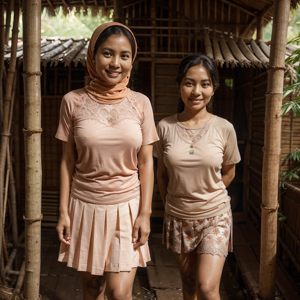 A 52 years old Indonesian woman in peach color hijab, wearing peach color lace tight t-shirt, wearing very short peach color lace pleated skirt, villager, poor woman, darker skin, curvier body, short body, smiling and standing in the old bamboo cabin in a forest, look to the viewer with eye close